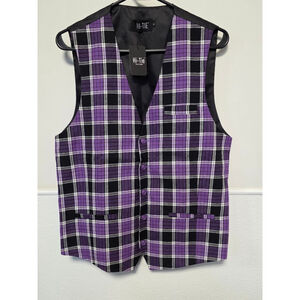 Men's HI-TIE‎ Plaid Vest S Purple & Black